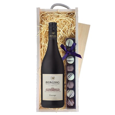 Bergsig Estate Pinotage 75cl Red Wine & Heart Truffles, Wooden Box